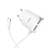 Hišni / zidni 2x USB polnilec Hoco C59A Mega joy + podatkovni / polnilni kabel USB Type-C - beli