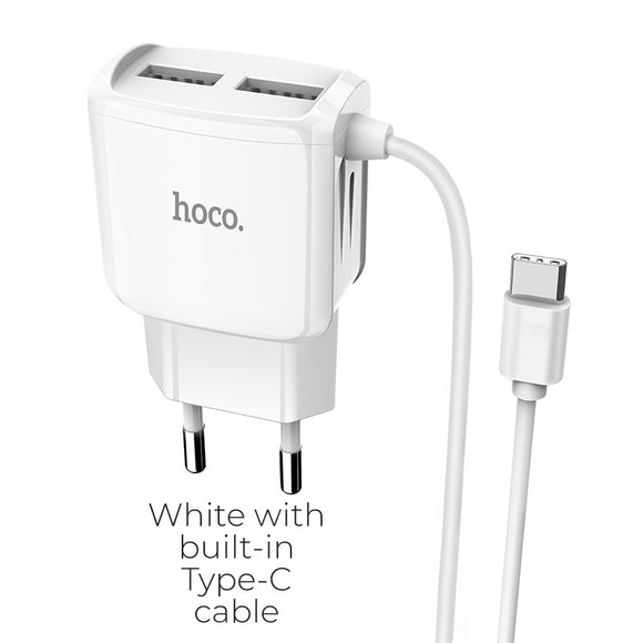 Hišni / zidni 2x USB polnilec Hoco C59A Mega joy + podatkovni / polnilni kabel USB Type-C - beli
